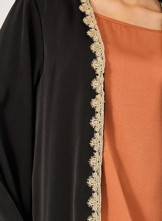 Take Two Solid Lace Detail Abaya with Round Neck Sleeveless Inner Dress Set by Styli  - Image 4