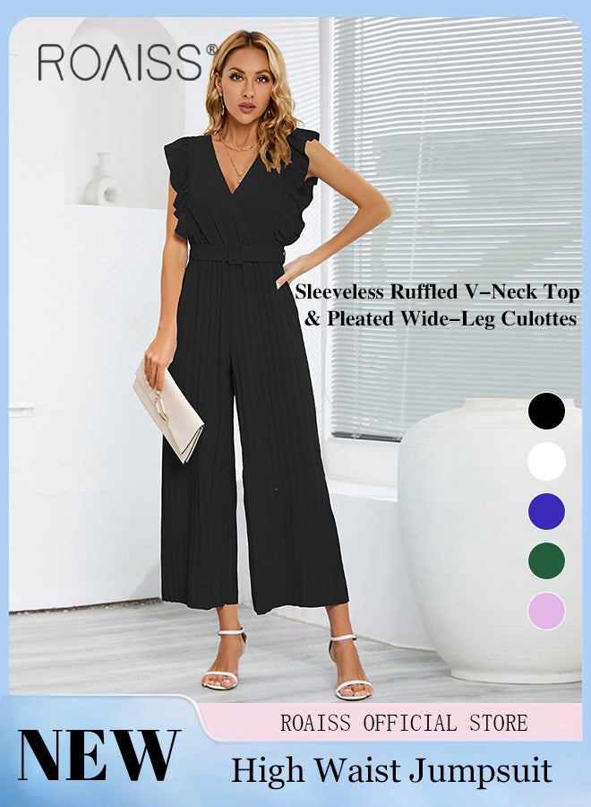 roaiss Women Jumpsuit Sleeveless Top with Ruffle Detail & High Waisted Wide Leg Long Flared Pants with Pleated Accents Classic and Versatile Solid Color Design Women Business Casual Jumpsuit 