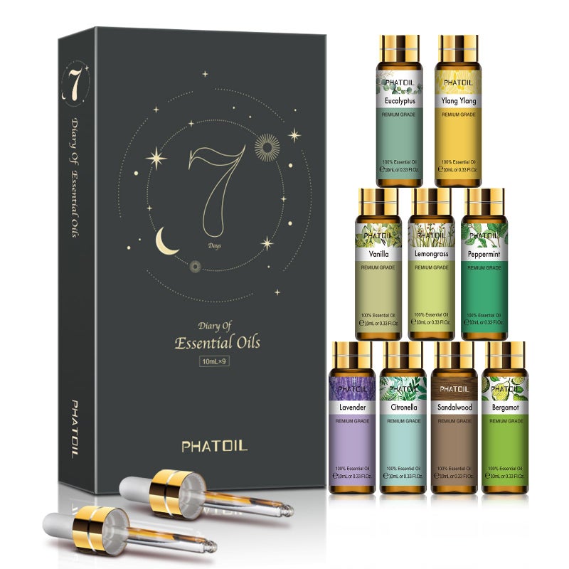PHATOIL مجموعة زيوت عطرية أساسية فاخرة من PHATOIL تتكون من 9 قطع لصنع الصابون والموزعات، 10 مل/0.33 أونصة سائلة زيوت عطرية، روائح تدوم طويلاً، مجموعة هدايا مثالية للأصدقاء والعائلة - Image 1