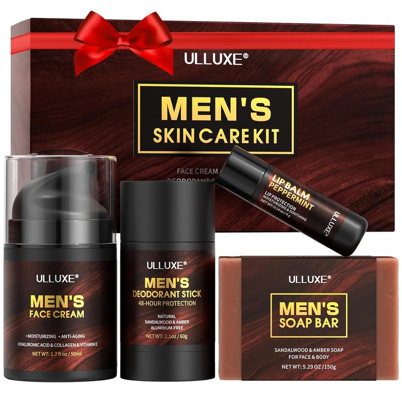 ulluxe Skin Care Kit for Men Face Skincare Lip Care Body Care for Men Mens Skincare Set with Face Cream Lip Balm Deodorant Stick Bath Soap Gifts for Mens Birthday Husband Dad Gift - Image 1
