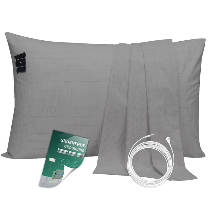 GROUNDING PILLOWCASE QUEEN CONDUCTIVE 10 SILVER FIBER GROUNDING PILLOW FOR BED WITH 15FT CORD ORGANIC COTTON IMPROVE SLEEP GRAY 20X30IN