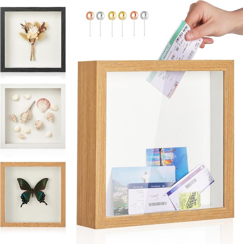 Travel Adventure Challenge Archive Shadow Box Picture Frame with Slot,12x12 Travel Ticket Card Memory Box for Keepsake Box, Top Loading Shadow Box Display Case Travel Decor Gift (Brown,12x12) - Image 1