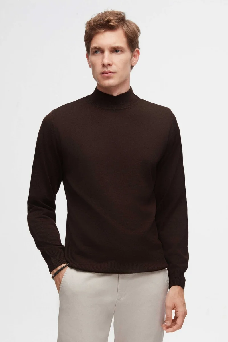 D'S DAMAT Ds Damat Regular Fit Brown Plain Knit Half Turtleneck Wool Knitwear Sweater