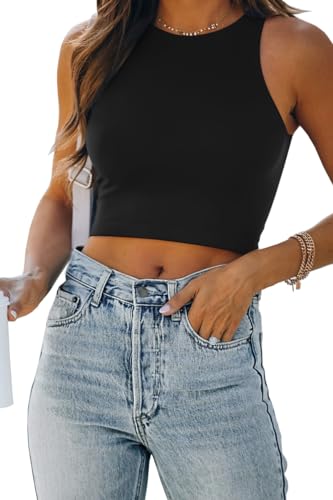 EFAN Womens Sexy Sleeveless Double Lined Crop Tops Workout Cute Tight Racerback Tank Tops Summer Clothes Teen Girls 2025 Black XL - Image 1
