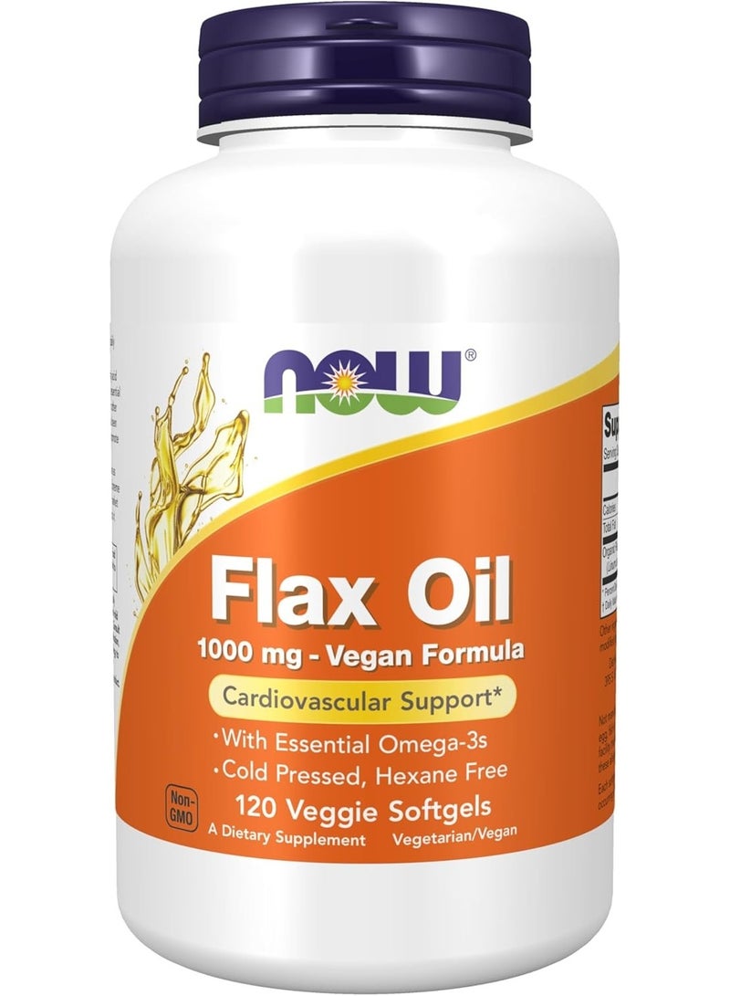NOW Flax Oil 1000mg Omega-3 ALA Softgels – Cold Pressed, Hexane Free, Vegan & Non-GMO – Skin & Heart Health Support – 120 Softgels – GMP Certified, USA Packaged, Essential Fatty Acids - Image 1