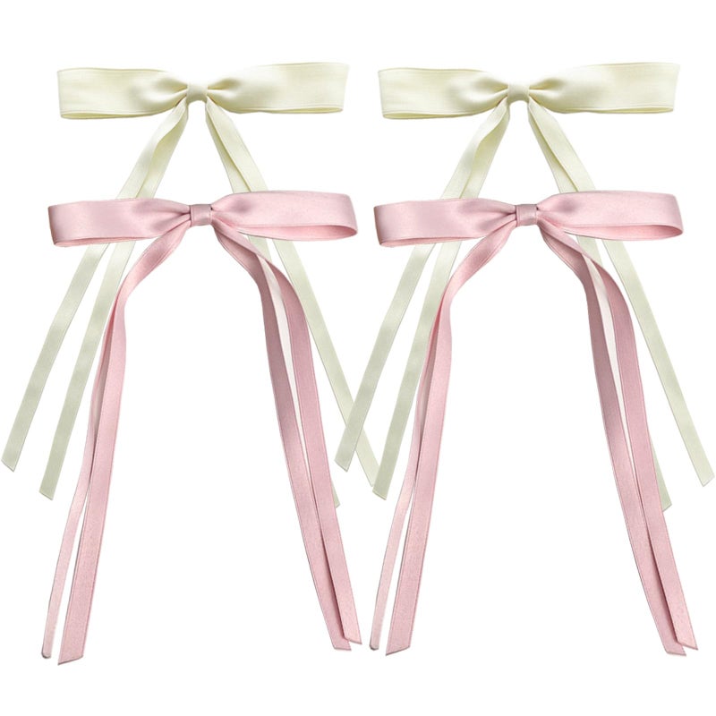 SALOCY Hair Clip for Women Girls 4 PCS Hair Ribbons with Long Tail in Pink and Beige Big Ribbon Bows Satin Hair Clip for Hair Design