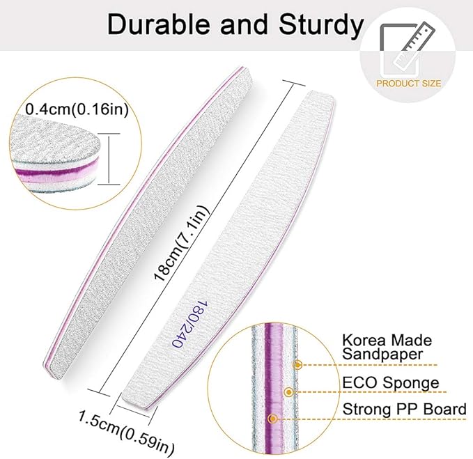 BLESWIN Professional Nail Files Double Sided Emery Board for Nails 180240 Grit Coarse Washable Nail Files for Acrylic Nails Natural Nails 12 Pack Fine Grit Nail File - Image 2