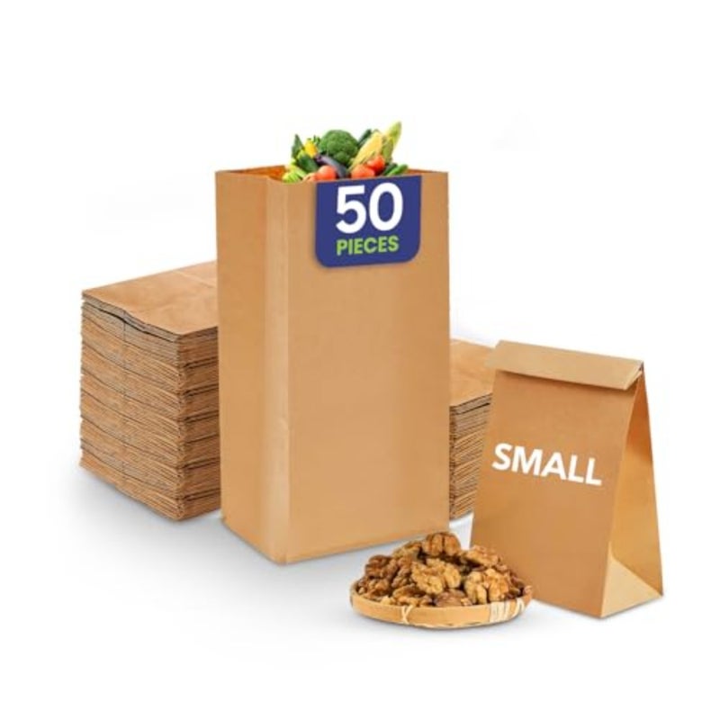 حقيبة ورقية SNH SOS رقم 6 صغيرة، حقائب حفلات الغداء وحقائب البقالة ذات القاع المسطح وأكياس حلوى كرافت - 50 قطعة. - Image 1