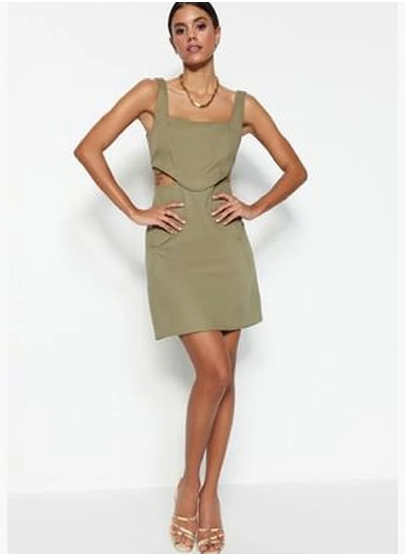 trendyol Khaki A-Line Mini Cotton Woven Dress with Window/Cut Out Detail