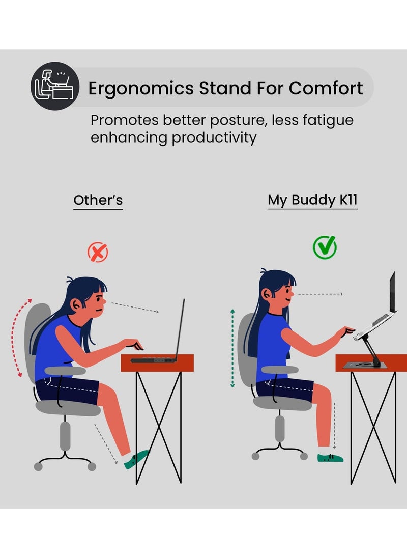 بورترونيكس - حامل اللابتوب المعدني Portronics My Buddy K11 – دوران 360°، قابل لتعديل الارتفاع والزاوية، تصميم قابل للطي (أسود) - Image 1
