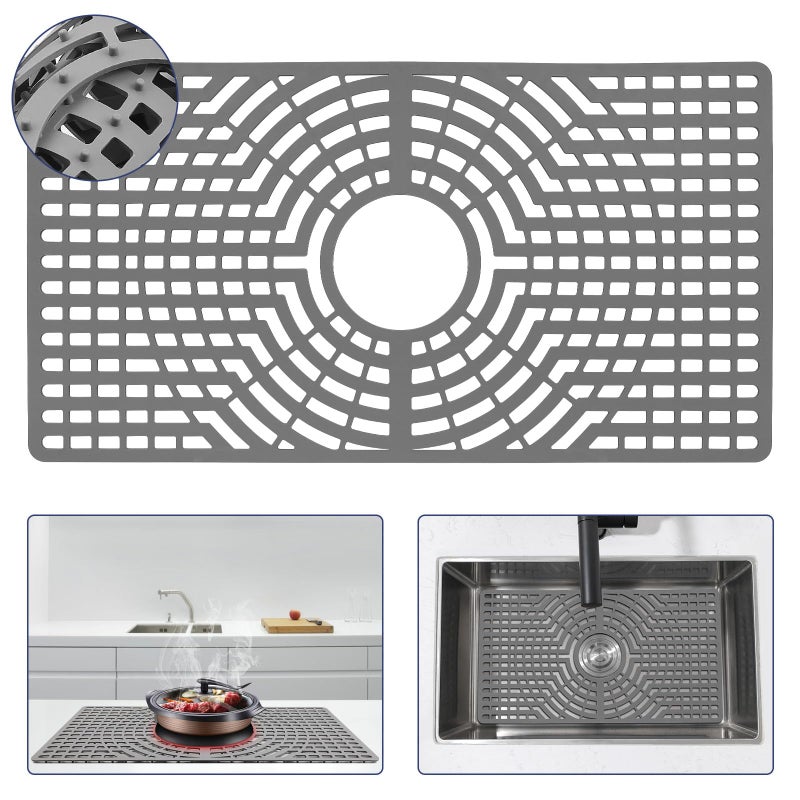 Snuggery Silicone Sink Protector 24"x12" Center Drain Hole, Heat Resistant Non-slip Dishwasher Suitable, Large Mat for Bottom of Farmhouse Kitchen Stainless Steel Sink (Grey) - Image 1