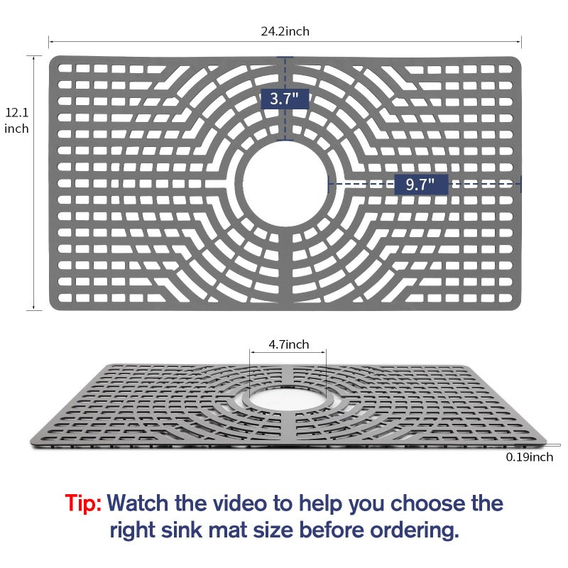 Snuggery Silicone Sink Protector 24"x12" Center Drain Hole, Heat Resistant Non-slip Dishwasher Suitable, Large Mat for Bottom of Farmhouse Kitchen Stainless Steel Sink (Grey) - Image 2