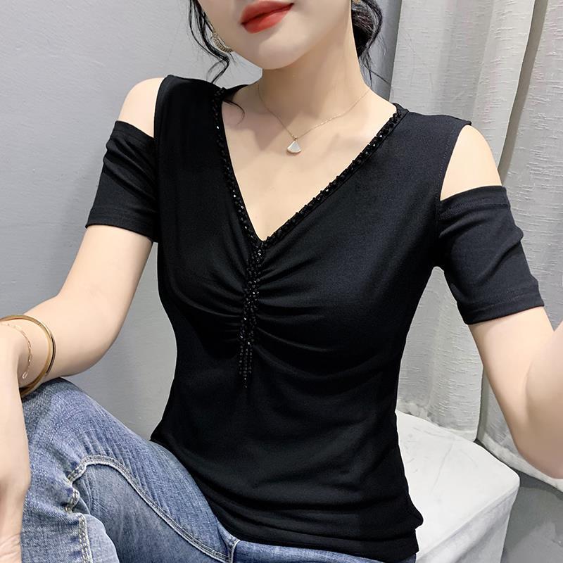 2022 new spring V-neck fashionable slim-fit pleated stitching off-shoulder handmade beaded short-sleeved T-shirt for women - Image 3