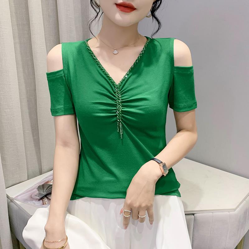 2022 new spring V-neck fashionable slim-fit pleated stitching off-shoulder handmade beaded short-sleeved T-shirt for women - Image 1
