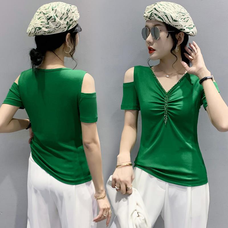 2022 new spring V-neck fashionable slim-fit pleated stitching off-shoulder handmade beaded short-sleeved T-shirt for women - Image 5