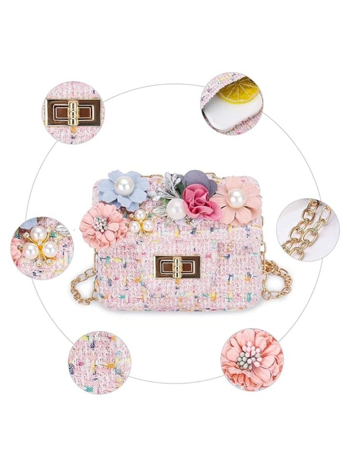 Little Girls Crossbody Purse with Pearl Flowers, Mini Cute Princess Handbags, Shoulder Bag, Large Capacity, Unique and Stylish, Cute Design, for Girls Toddler Kids, Flowers Pink - Image 1