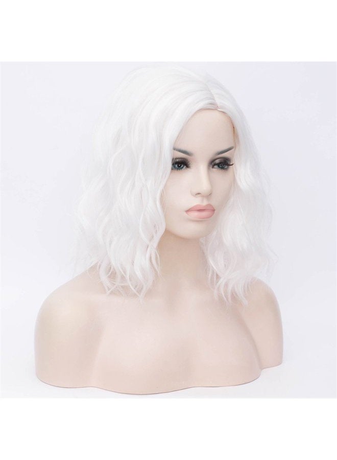 Cying Lin Short Bob Wavy Curly Wig White Wig For Women Cosplay Halloween Wigs Heat Resistant Bob Party Wig Include Wig Cap (White) - Image 2