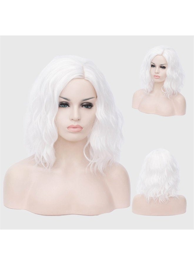 Cying Lin Short Bob Wavy Curly Wig White Wig For Women Cosplay Halloween Wigs Heat Resistant Bob Party Wig Include Wig Cap (White) - Image 5
