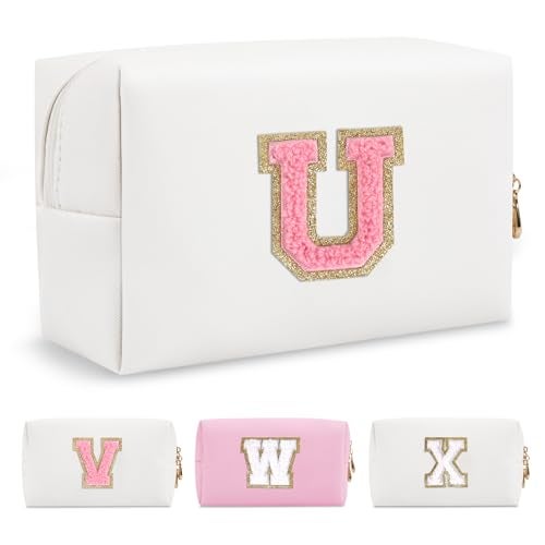 ChaoGreat Personalized Makeup Bag Initial A-Z Preppy Patch Bag,Small PU Leather Travel Cosmetic Bag Pouch with Zipper,White Cute Toiletry Bag,Gift Ideal for Teen Girls Women Birthday Friend Mom,Letter U - Image 1