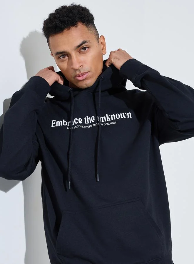 Styli Charcoal Slogan Print Kangaroo Pocket Relaxed Fit Hoodie