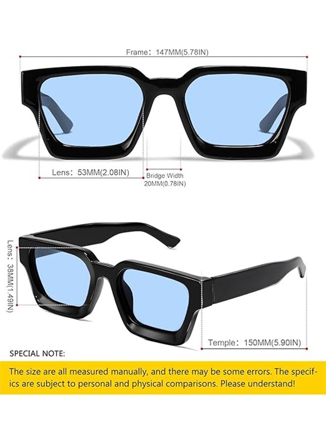Generic Retro Square Sunglasses for Men Women Trendy Thick Rectangle Chunky Frame Black Shades Fashion 90s Glasses, UV400 Protection Glasse（Black Blue）  - Image 2