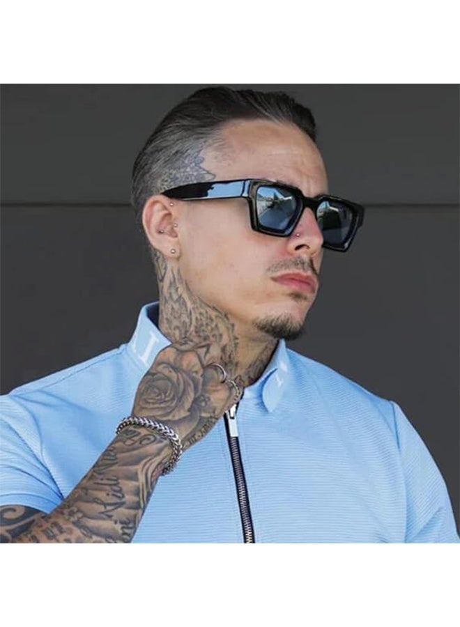 Generic Retro Square Sunglasses for Men Women Trendy Thick Rectangle Chunky Frame Black Shades Fashion 90s Glasses, UV400 Protection Glasse（Black Blue）  - Image 3
