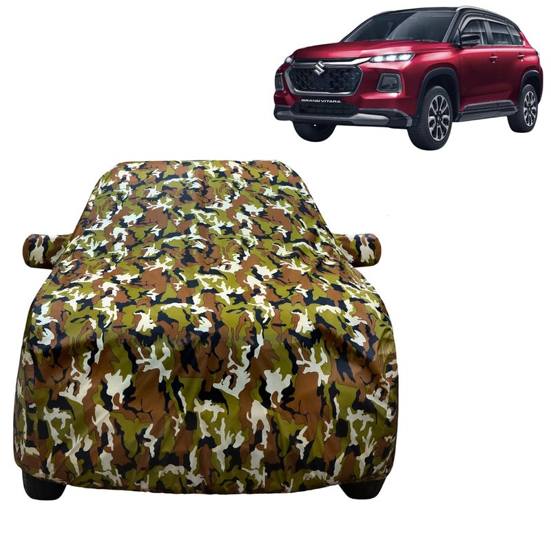 VYAS 100% Waterproof Car Body Cover for Maruti Suzuki Grand Vitara (2022-2025) with Mirror Pocket Triple Stitched Belt & Buckle Fitting Dual Elastic, Durable Material Jungle Print Camouflage Design - Image 1