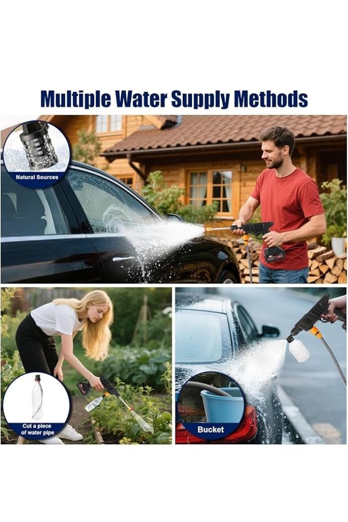 Portable High Pressure Water Gun,Rechargeable Cordless Pressure Washer With Two 48V Lithium Battery, 5 m Hose and 3 Nozzles, Portable Washer Gun or Electric Washing Gun for Washing Cars, Floors, Garden. - Image 5