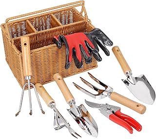 SOLIGT 8 Piece Garden Tool Set with Basket, Stainless Steel Heavy Duty Garden Hand Tools Kit with Wood Handle for Men - Image 1