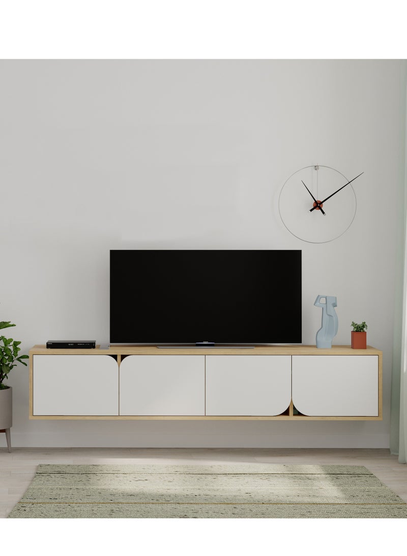 Mourah Home Spark Floating Tv Stand Cabinet Up To 70'' Inch Tv| Tv Unit Wall Mounted 4 Door| Tv Console| 180X35.6X35 Cm (Oak/White) - Image 1