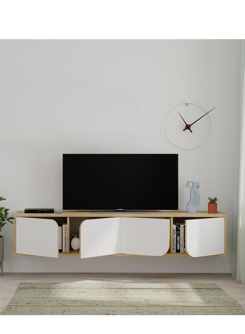 Mourah Home Spark Floating Tv Stand Cabinet Up To 70'' Inch Tv| Tv Unit Wall Mounted 4 Door| Tv Console| 180X35.6X35 Cm (Oak/White) - Image 3