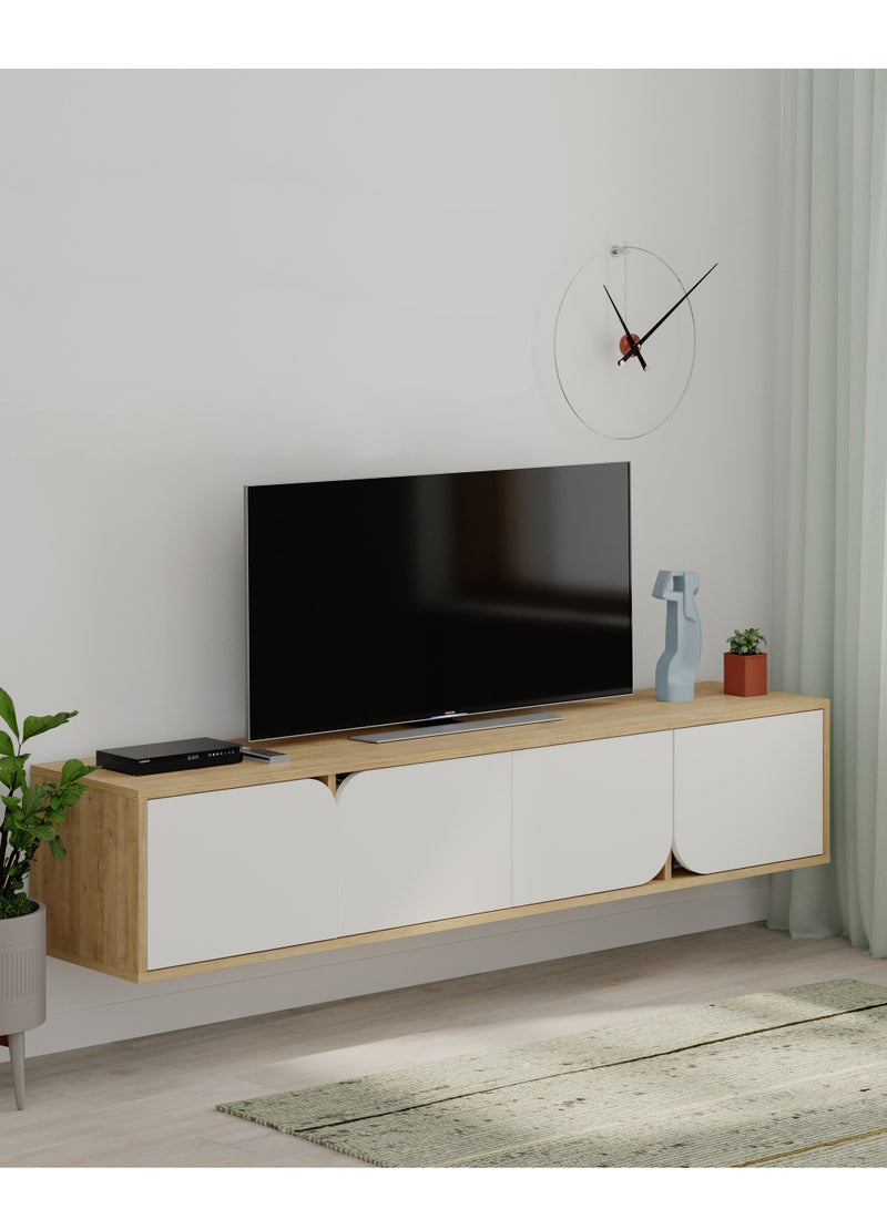 Mourah Home Spark Floating Tv Stand Cabinet Up To 70'' Inch Tv| Tv Unit Wall Mounted 4 Door| Tv Console| 180X35.6X35 Cm (Oak/White) - Image 2