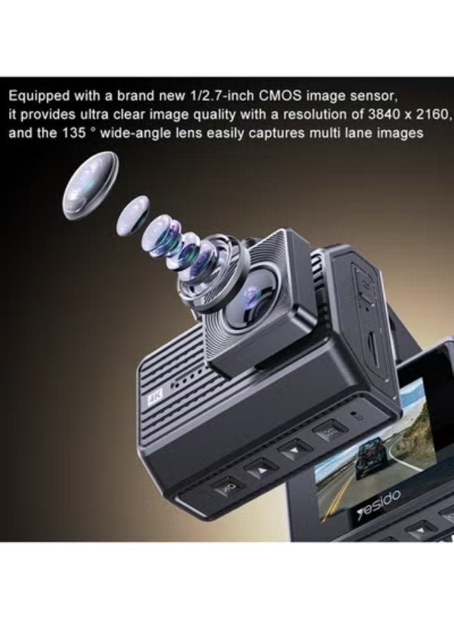 Yesido KM15 4K Dual Dash Cam Driving Recorder – Front & Rear Car Camera with Night Vision, G-Sensor, Loop Recording, Motion Detection, Parking Monitor, Wide-Angle Lens & Emergency Lock – Black - Image 3