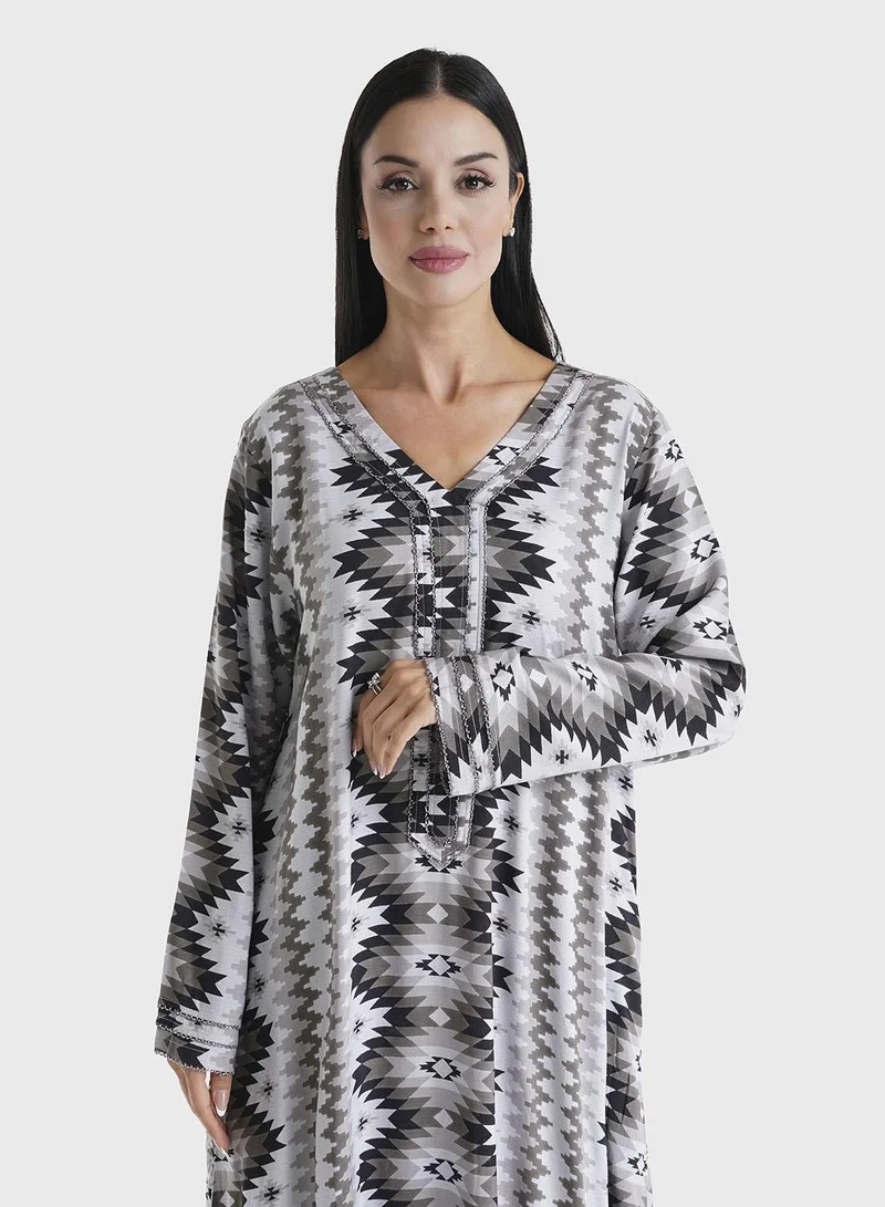 KASHKHA Grey Geometric Printed Rayon Chrochet Lace Work Jalabiya (VG3009)
