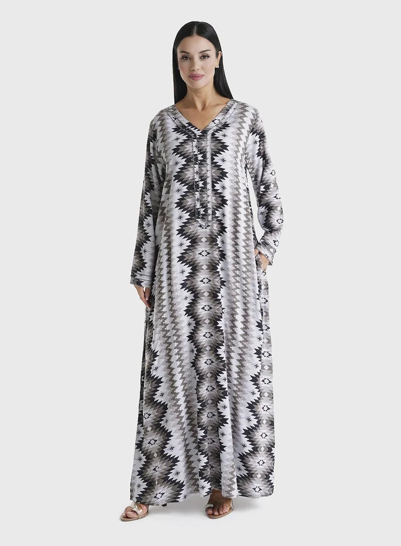 KASHKHA Grey Geometric Printed Rayon Chrochet Lace Work Jalabiya (VG3009)