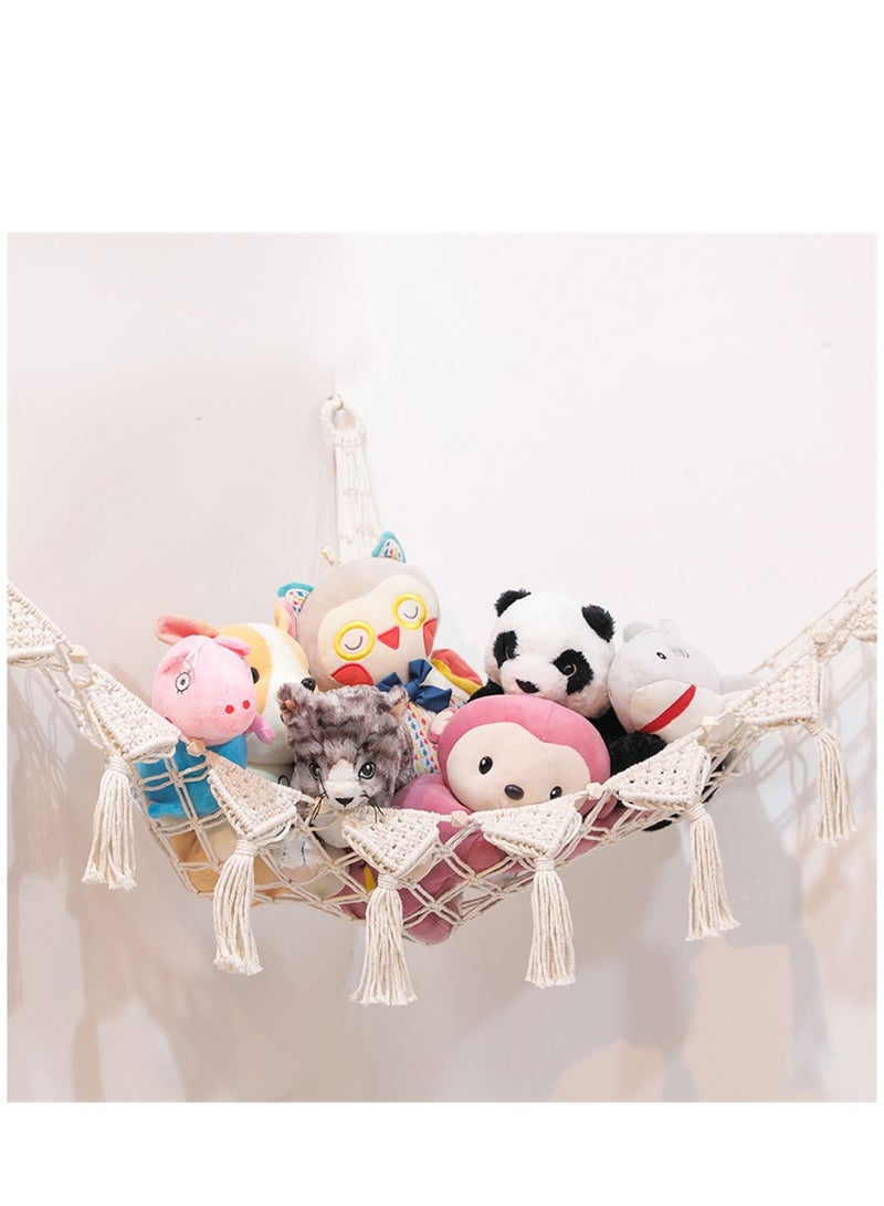 Macrame Toy Hammock, Stuffed Animal Net Hammock Toy Storage Organizer, Stuffed Animal Storage Toy Holder, Boho Wall Mounted Hanging Decor for Nursery Kids Birthday Gift Play Room Bedroom, White - Image 1