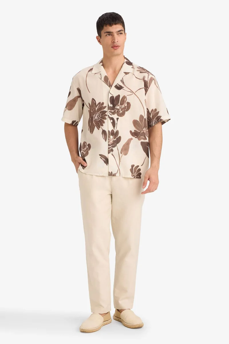 ديفاكتو Printed Short Sleeves Cotton Shirt