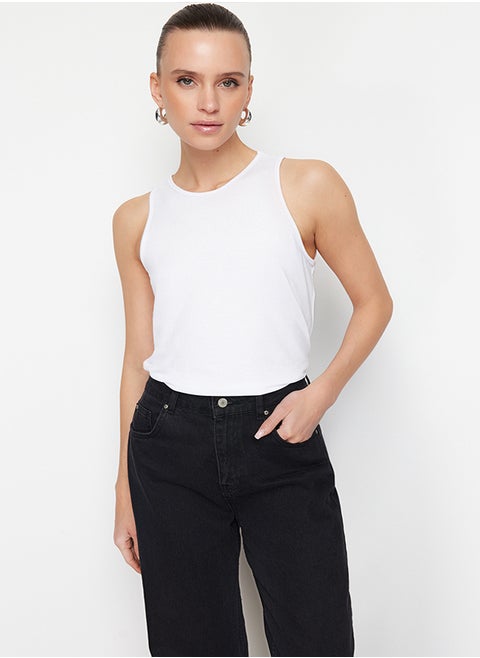 White Viscose Regular/Normal Fit Crew Neck Knitted Blouse TWOSS24BZ00502