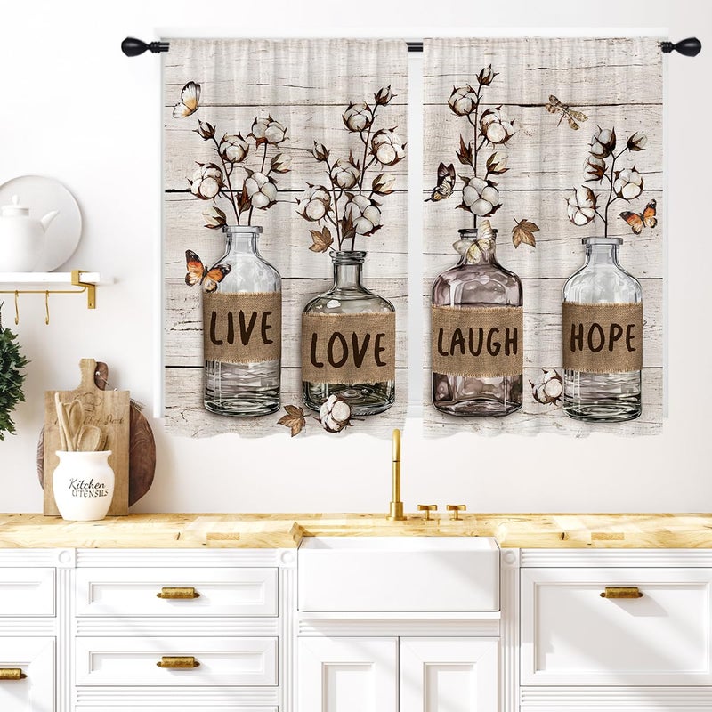 Coxila Farmhouse Kitchen Window Curtains 27.5 x 39 Inch Small Short Mini Cafe Rod Pocket Rustic Country Floral Retro Vintage Fun Living Bedroom Room Home Treatment Set of 2 Curtain Panels Drapes Tiers - Image 1