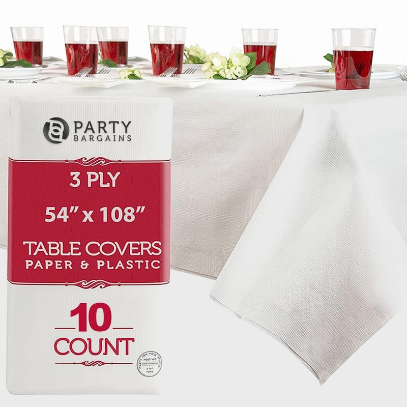 PARTY BARGAINS 10 Disposable Table Covers  54 X 108 3 Ply Paper  Plastic White Table Cover