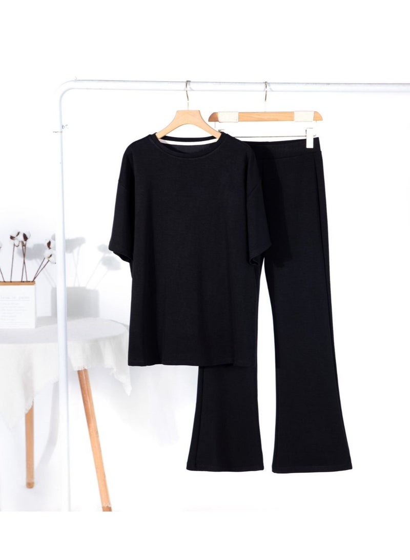 Himmel Tek Women's Knit 2 Piece Outfits - Short Sleeve Sweater Pullover Tops and Wide Leg Pants Tracksuits Lounge Set - Stylish Fall Coord Suit for Casual & Loungewear 