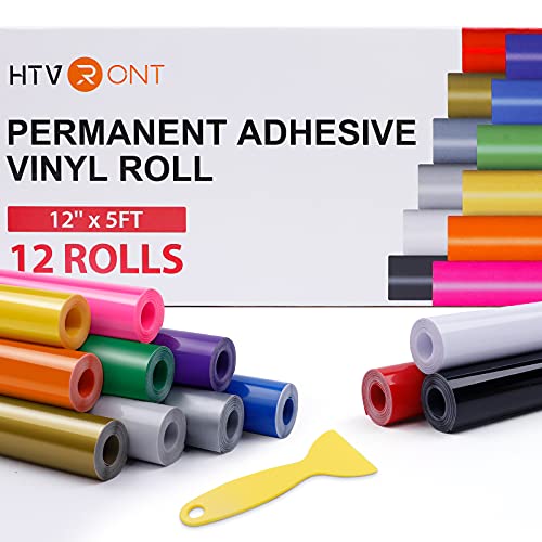 HTVRONT Permanent Vinyl Bundle -12 Pack 12 Inch by 5 Feet Permanent Adhesive Vinyl Rolls Compatible with Cricut Cutting Machine, Silhouette, Cameo Cutters, Signs, Scrapbooking, Craft, Die Cutters - Image 1