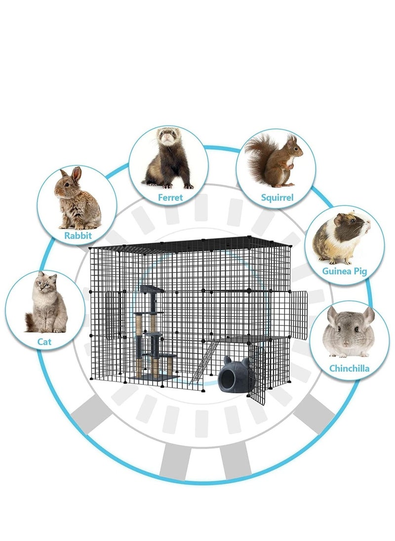 3-Tier Cat Cage Indoor Removable Kennels Detachable Metal Wirecat Playpen Crate Large Exercise Place Ideal For 1-2 Cat Black 70x105x105 Cm