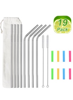 19-Piece Reusable Straw Stainless Steel Drinking Straws with Soft Silicone Tips and Cleaning Brushes