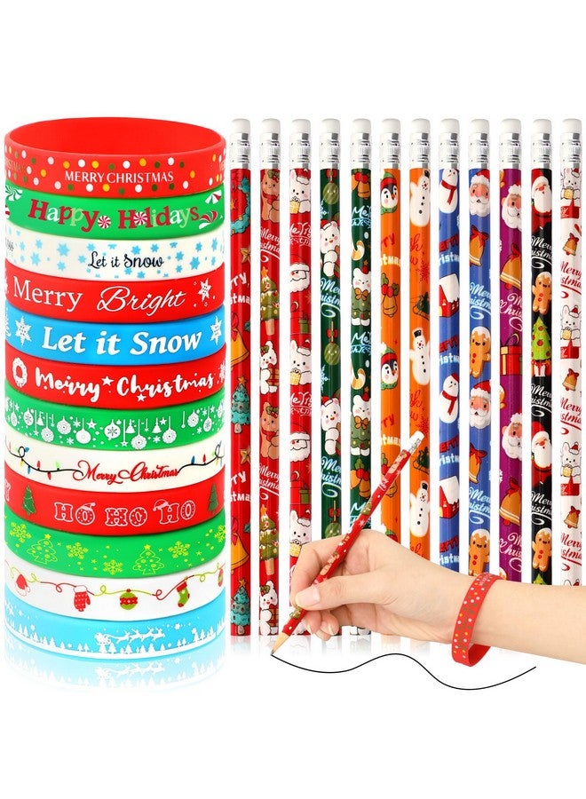 JUNEBRUSHS 72Pcs Christmas Party Favors Set, 36Pcs Christmas Pencils with 36Pcs Christmas Silicone Bracelets, Christmas Pencils Bracelets Gifts for Kids Classroom Office Holiday Party Reward Supplies - Image 1