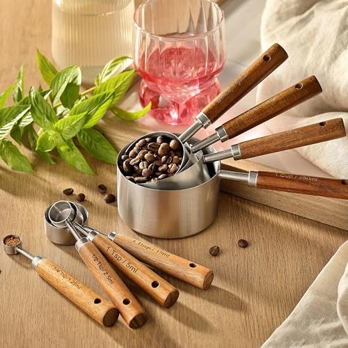 DAJLFA 8PCS Measuring Cups, DAJLFA Stainless Steel Measuring Cups and Spoons Set with Ergonomic Wooden Handle for Cooking & Baking - Image 5