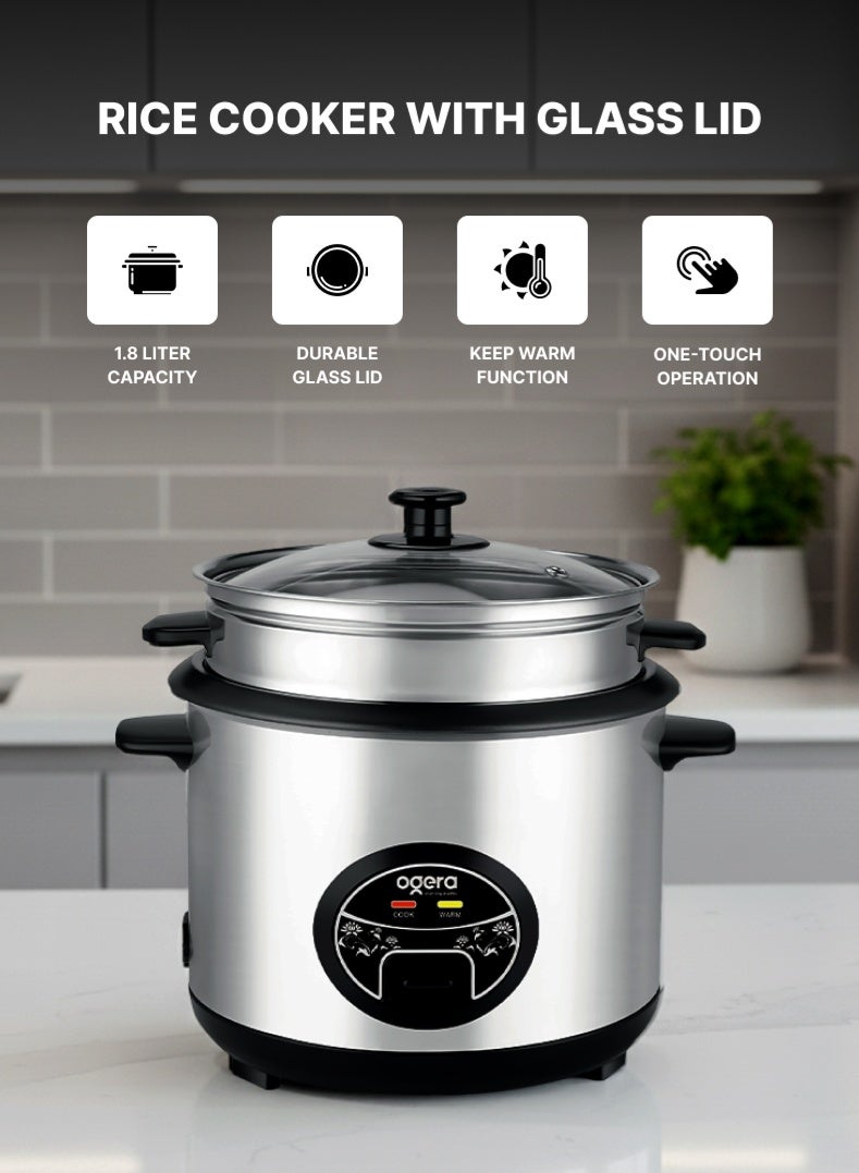 أوجيرا قدر أرز كهربائي 3 في 1 | سعة 1.8 لتر بإناء داخلي غير لاصق وغطاء زجاجي | تسخين سريع 700 واط | وظائف الطهي والتبخير والإبقاء على السخونة | مقبض بارد ووعاء بخار ألمنيوم | ملعقة ومكيال أرز مرفقان | ضمان سنتين - Image 1