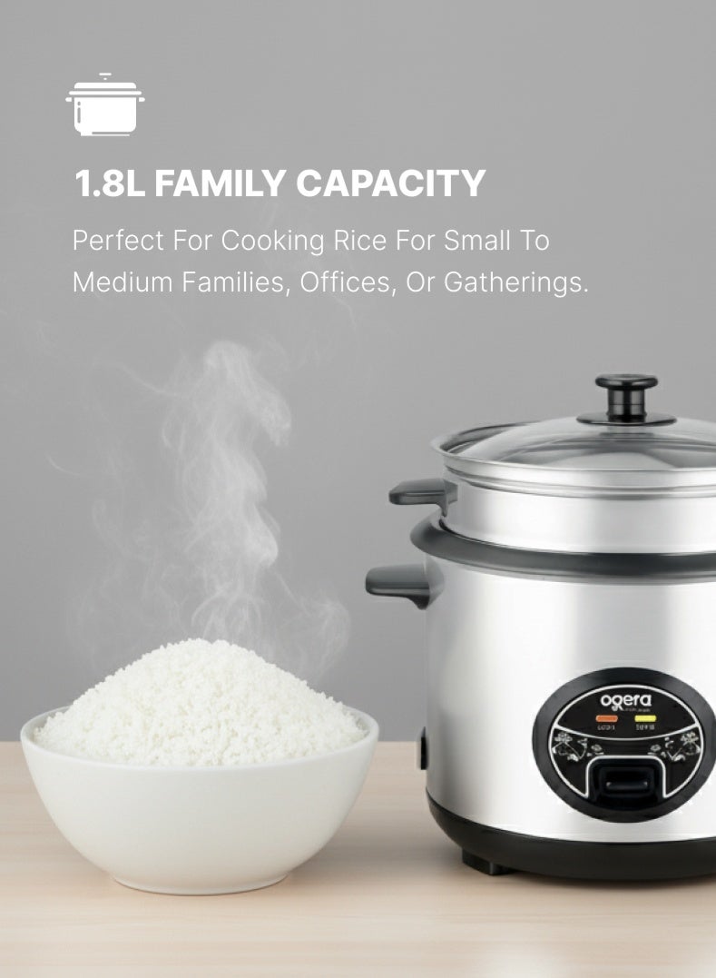 أوجيرا قدر أرز كهربائي 3 في 1 | سعة 1.8 لتر بإناء داخلي غير لاصق وغطاء زجاجي | تسخين سريع 700 واط | وظائف الطهي والتبخير والإبقاء على السخونة | مقبض بارد ووعاء بخار ألمنيوم | ملعقة ومكيال أرز مرفقان | ضمان سنتين - Image 2