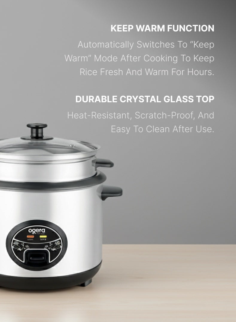 أوجيرا قدر أرز كهربائي 3 في 1 | سعة 1.8 لتر بإناء داخلي غير لاصق وغطاء زجاجي | تسخين سريع 700 واط | وظائف الطهي والتبخير والإبقاء على السخونة | مقبض بارد ووعاء بخار ألمنيوم | ملعقة ومكيال أرز مرفقان | ضمان سنتين - Image 3