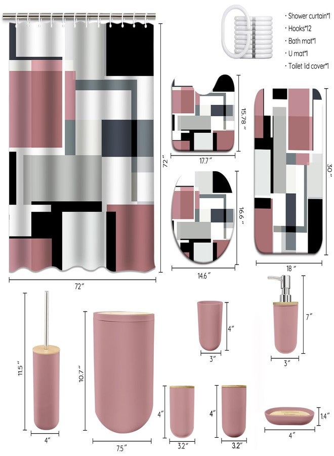 KINUUIS Pink Bathroom Sets with Shower Curtain and Rugs, Bathroom Accessory Set with Shower Curtain,Bath Rugs, Trash Can, Toilet Brush Holder Set & Soap Dispenser - Image 2
